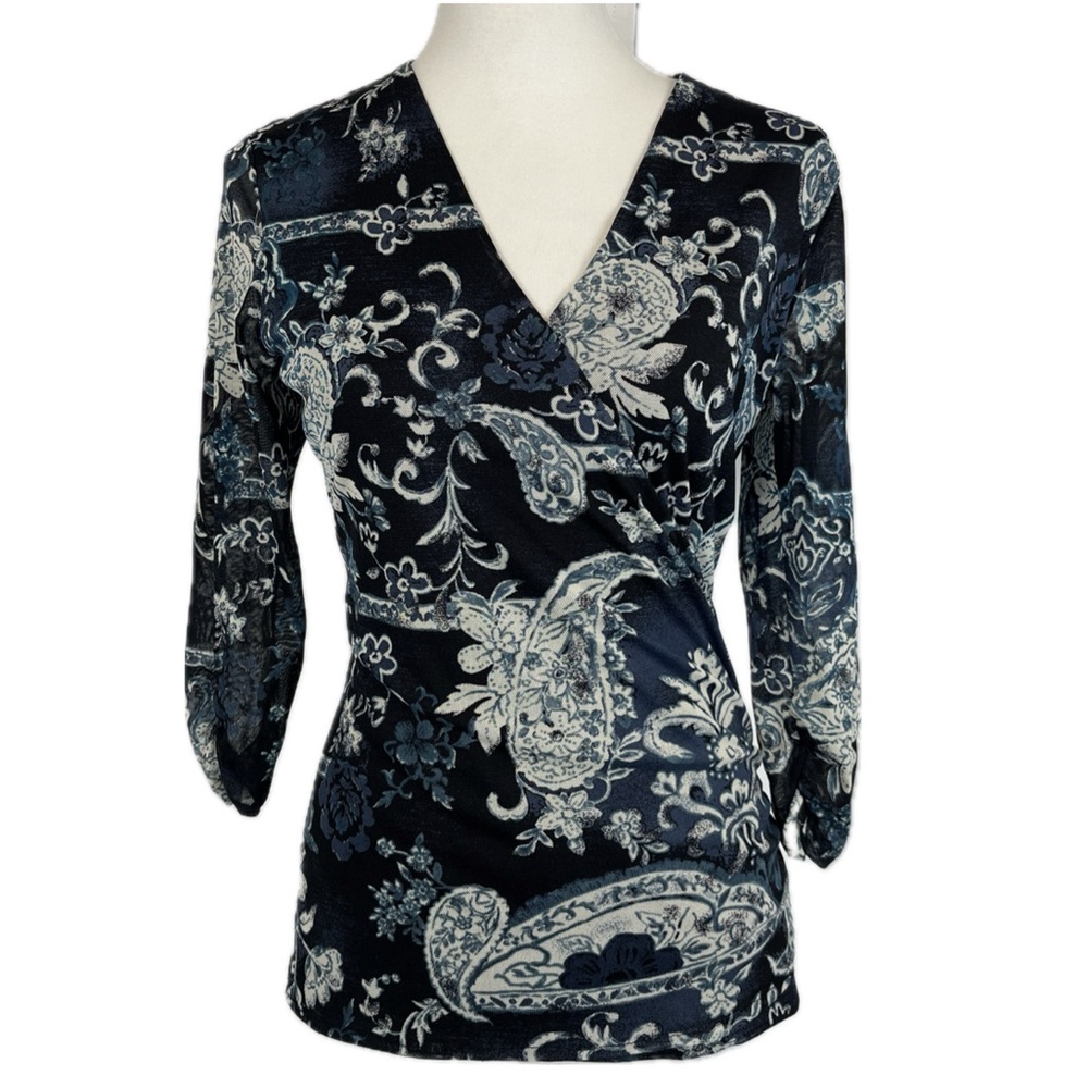 Worthington Grunge Y2K Fairy Paisley Floral Mesh Faux Wrap Top Sz M Romantic - Picture 3 of 13